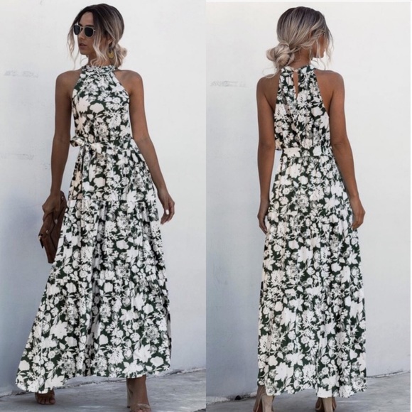 Boho floral print belted halter spring dress - Picture 4 of 6